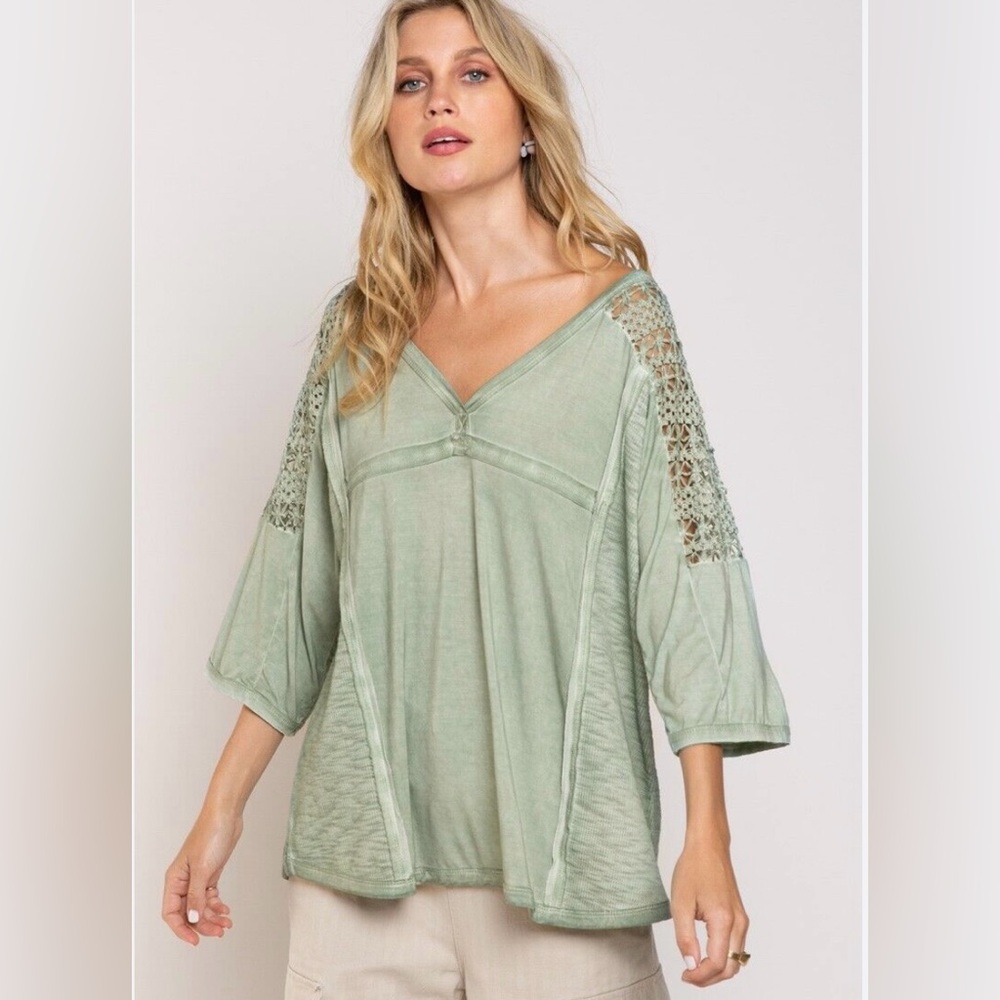 4. NWOT POL Sage Green Blouse with Crochet Sleeves